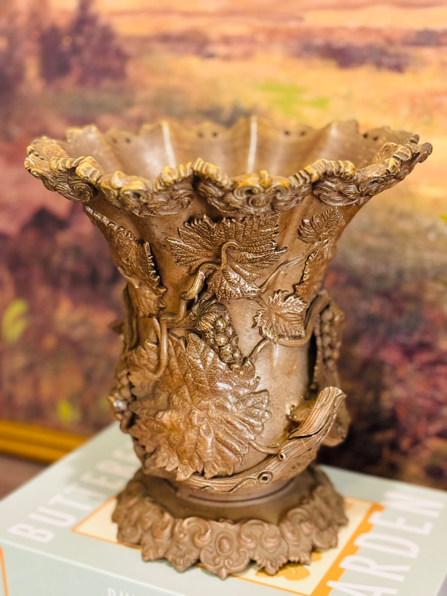 19th Century France Brown Salt Vase with Applied Fruit Vine Decoration
