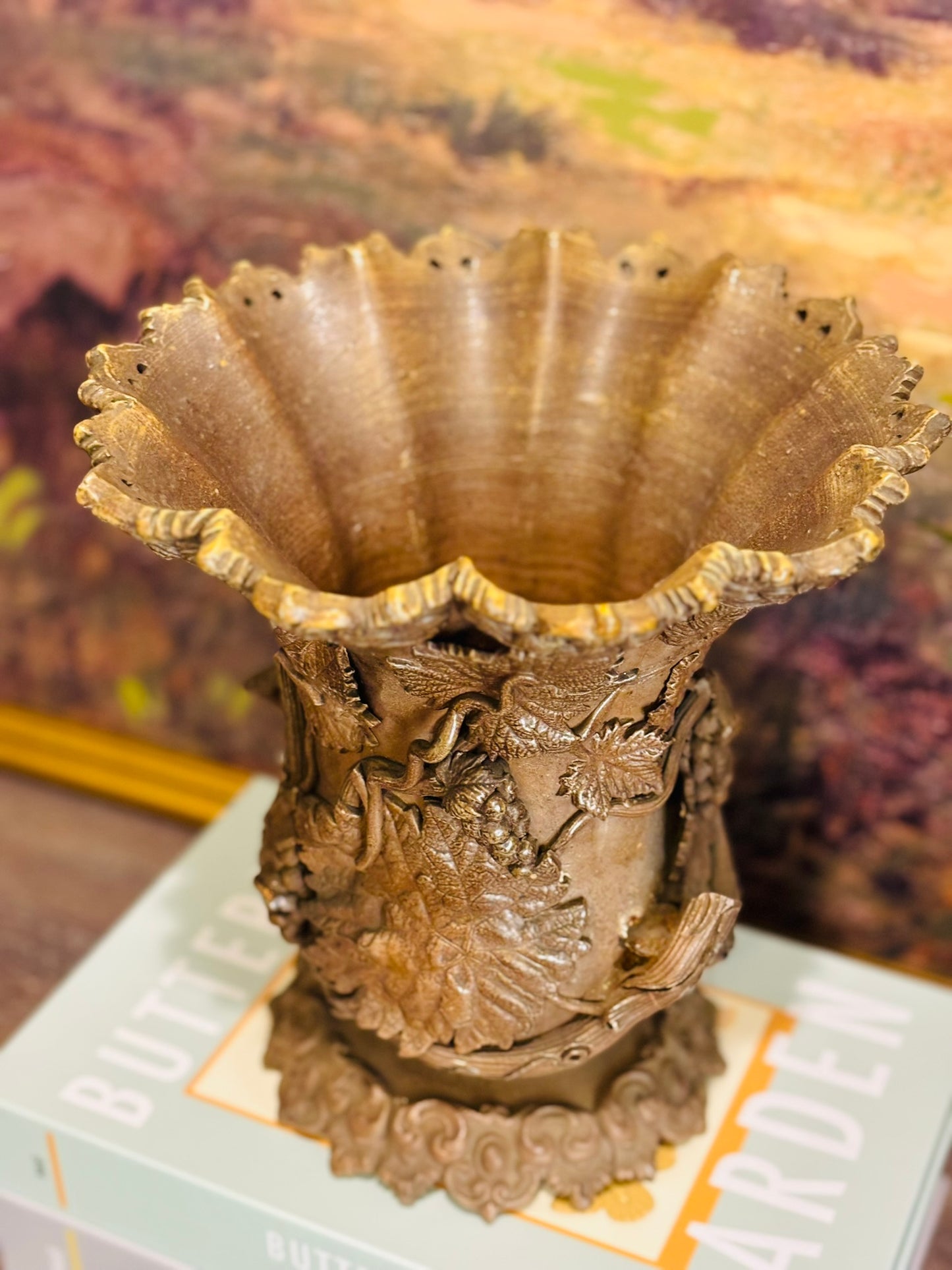 19th Century France Brown Salt Vase with Applied Fruit Vine Decoration
