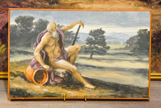Antique Religious Painting Subject Oil on Board 12 h x 18 w