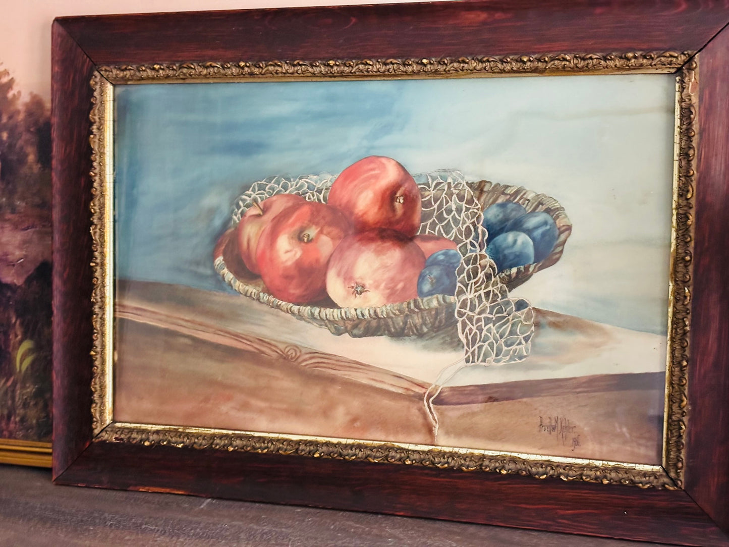 Signed and dated Apples and Blueberries Watercolor 19 h 27 w 1.25 d