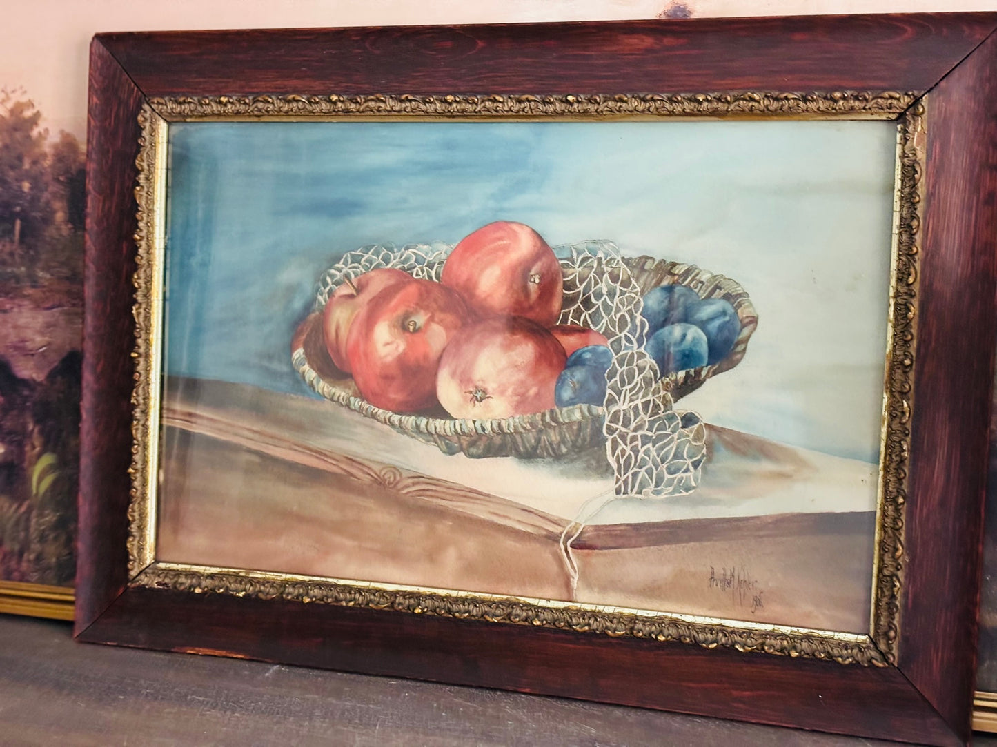 Signed and dated Apples and Blueberries Watercolor 19 h 27 w 1.25 d