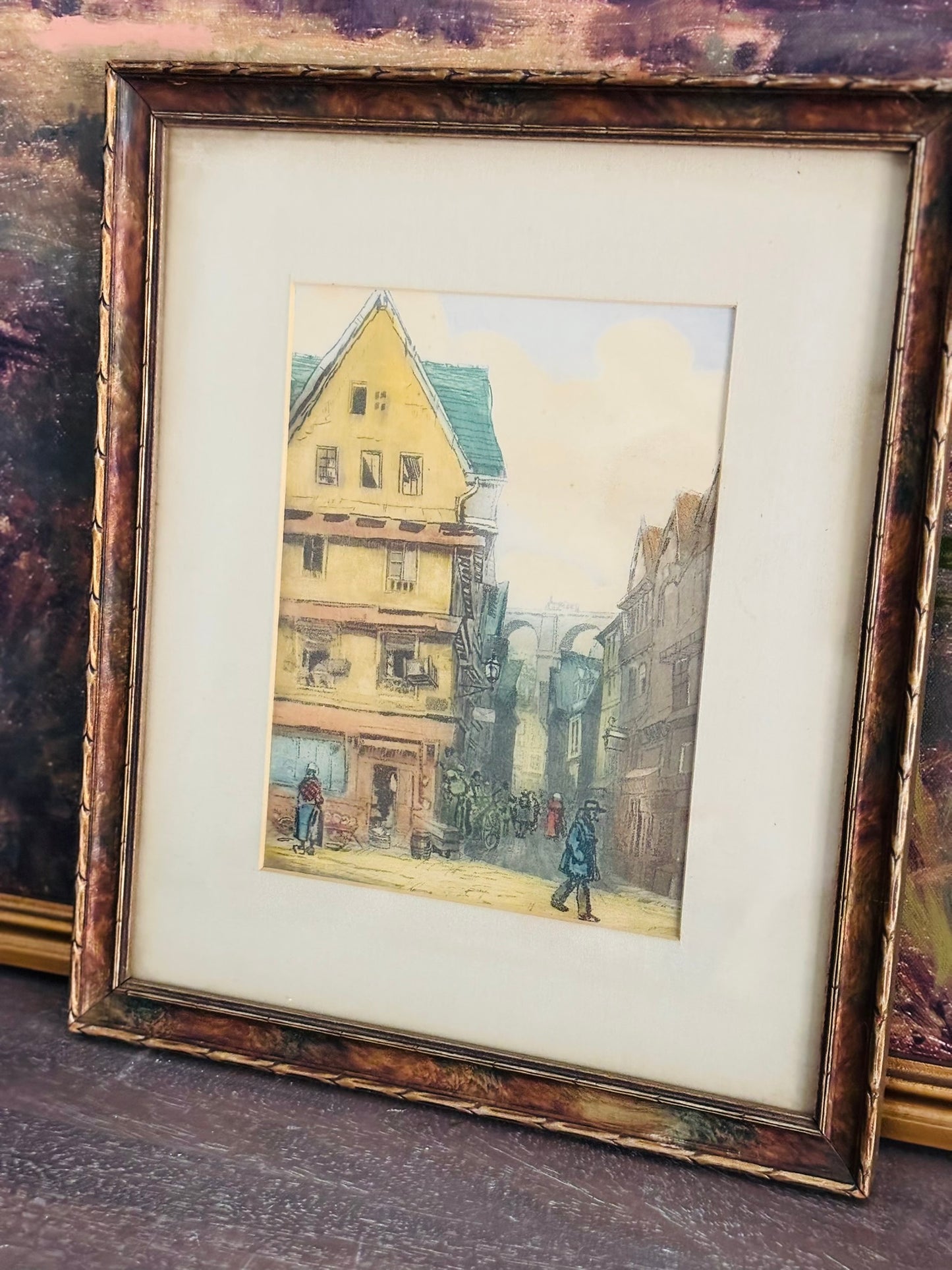 Framed scene etching 11 w 13 h .5 d