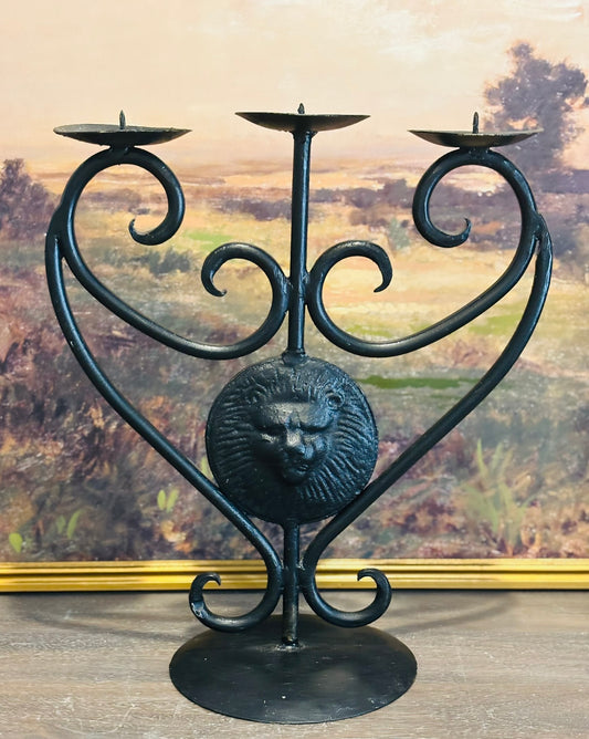 Black lion triple candleholder  14.5 w 7.5 d 18 h