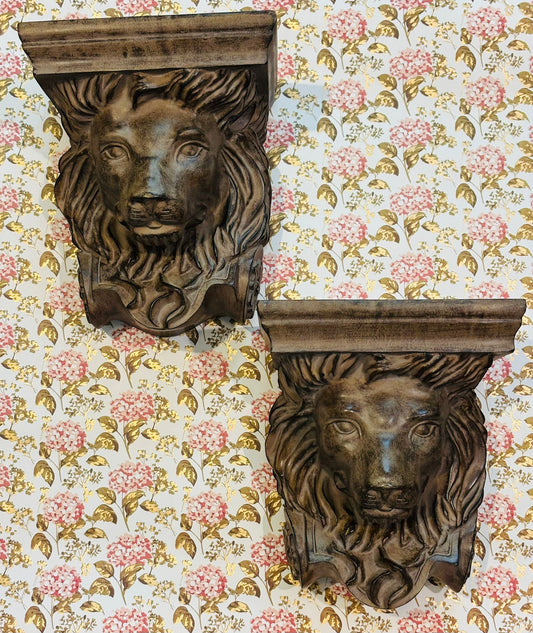Pair of Resin Brown Lion Wall Shelves 9 w 10 l 7d