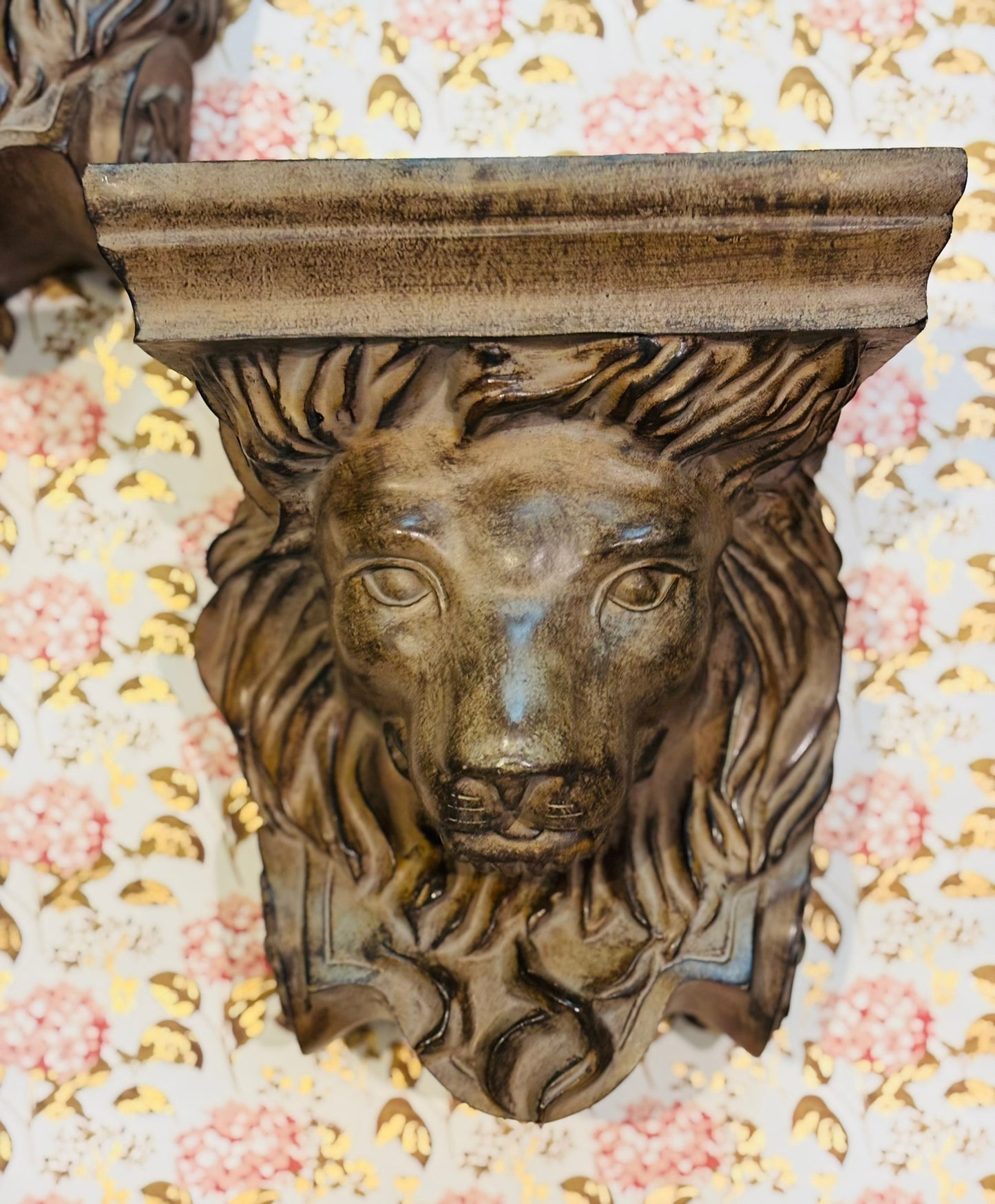 Pair of Resin Brown Lion Wall Shelves 9 w 10 l 7d