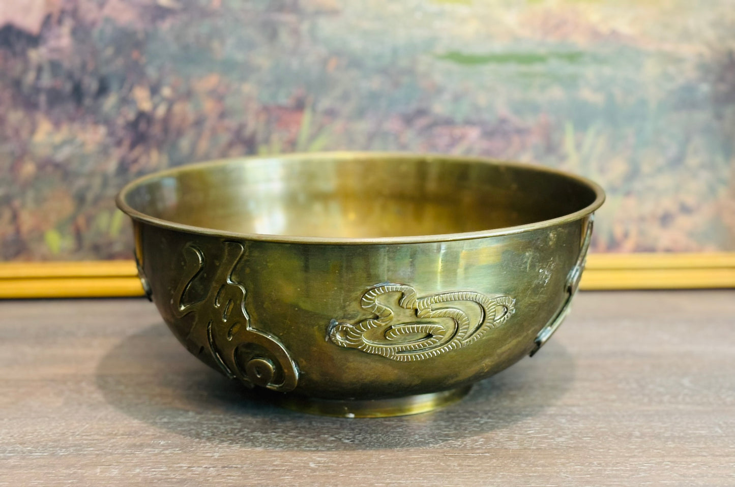 Vintage 1960s Chinese Brass Bowl with symbols 12 w x 5 h