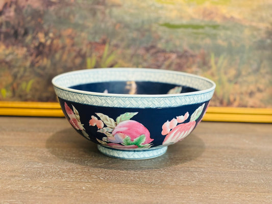 Large Navy Blue and Pink Bowl floral 10 w x 4.5 h
