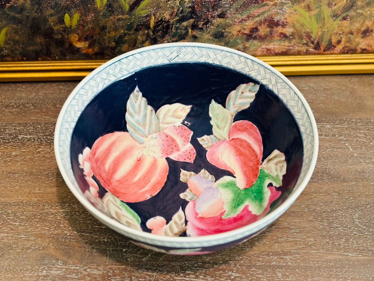 Large Navy Blue and Pink Bowl floral 10 w x 4.5 h