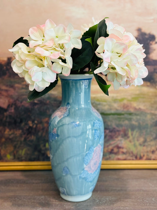 Tall blue, green and pink pastel vintage chinese vase 14 h