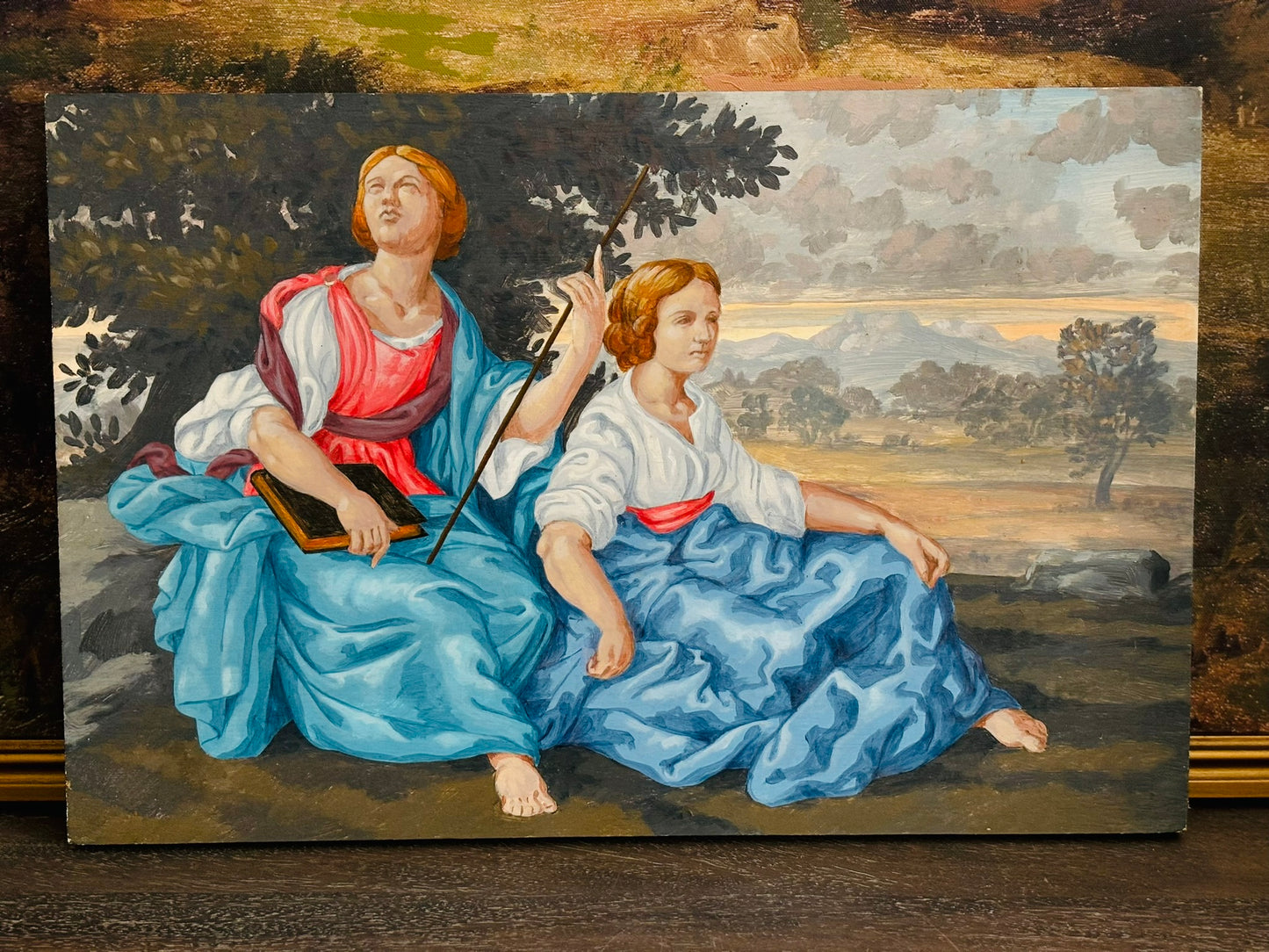 Antique Religious Painting Subject Oil on Board 12 h x 18 w