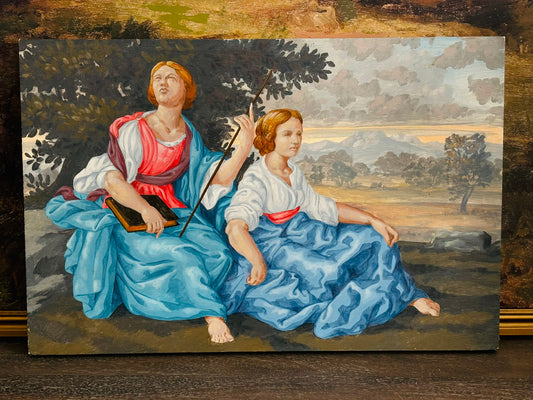 Antique Religious Painting Subject Oil on Board 12 h x 18 w