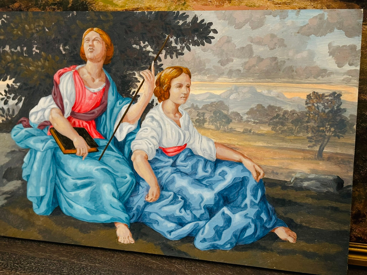 Antique Religious Painting Subject Oil on Board 12 h x 18 w