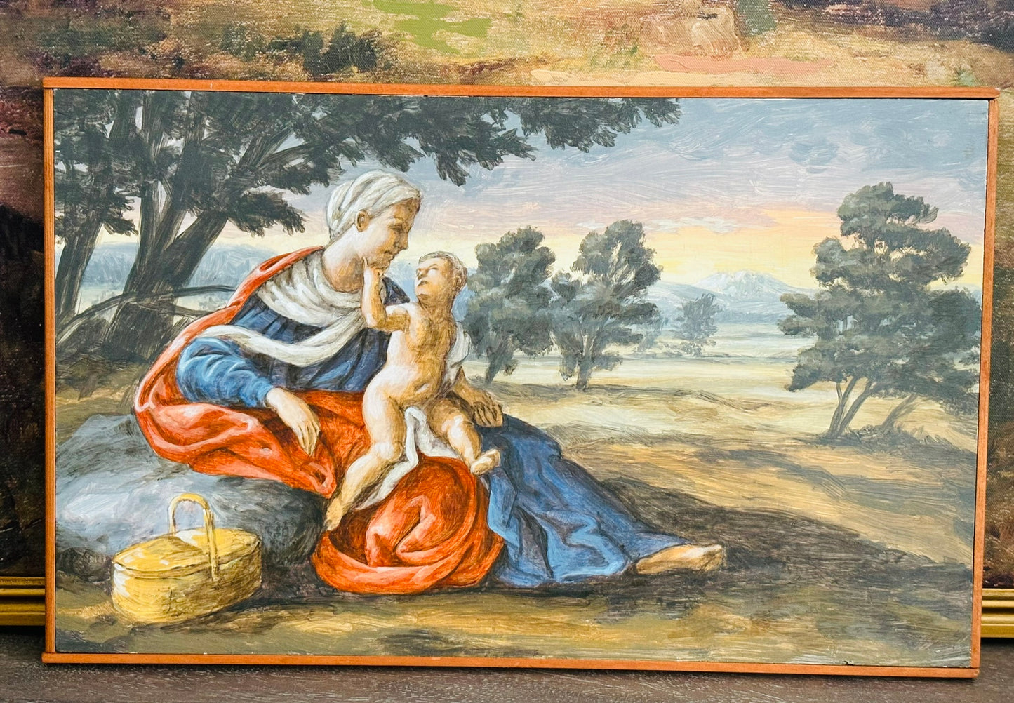 Antique Religious Painting Subject Oil on Board 12 h x 18 w