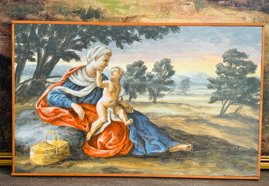Antique Religious Painting Subject Oil on Board 12 h x 18 w