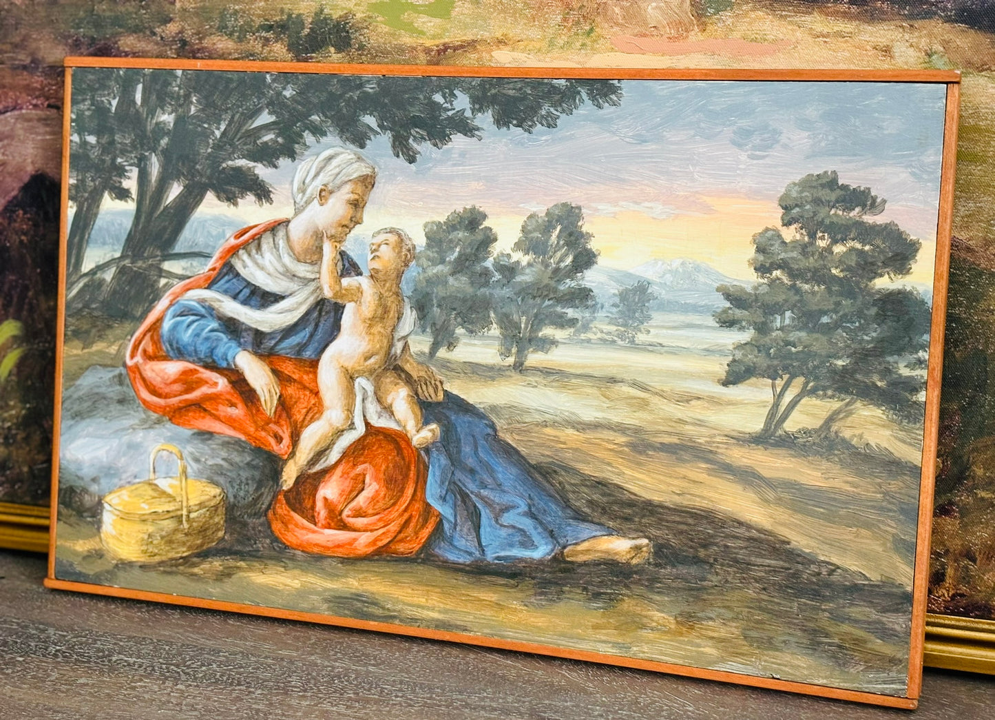 Antique Religious Painting Subject Oil on Board 12 h x 18 w
