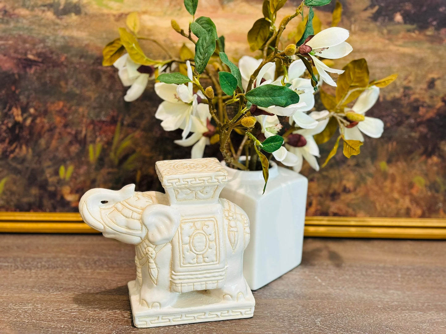 Hollywood Regency Chinoiserie Mini Elephant Statue 8 l x 6.5 h x 3.5 w