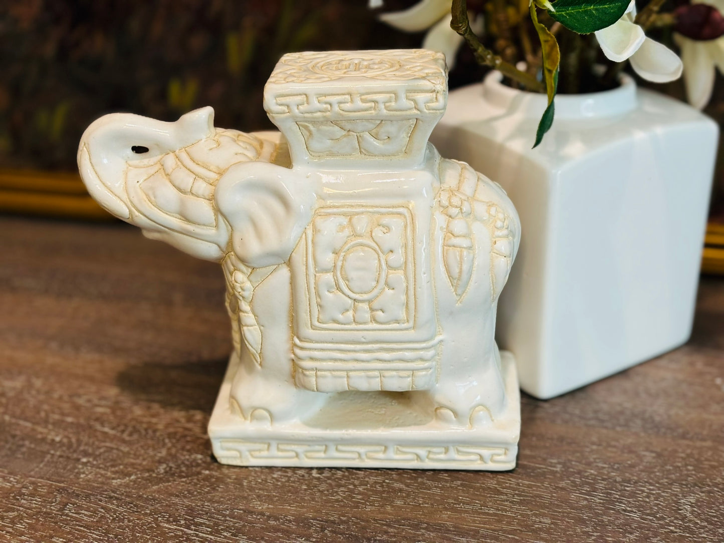 Hollywood Regency Chinoiserie Mini Elephant Statue 8 l x 6.5 h x 3.5 w
