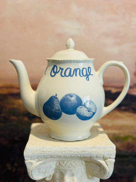 White and blue teapot  with fruit 10 d 7.5 h 5.5 w