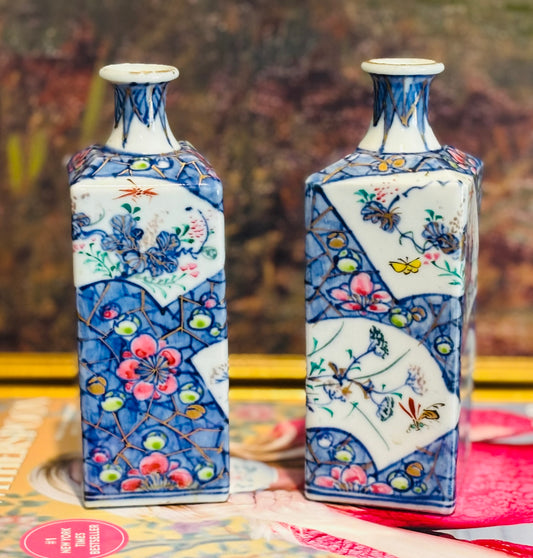 Stamped Famille Rose Imari Blue Saki Bottle 6 x 2- each