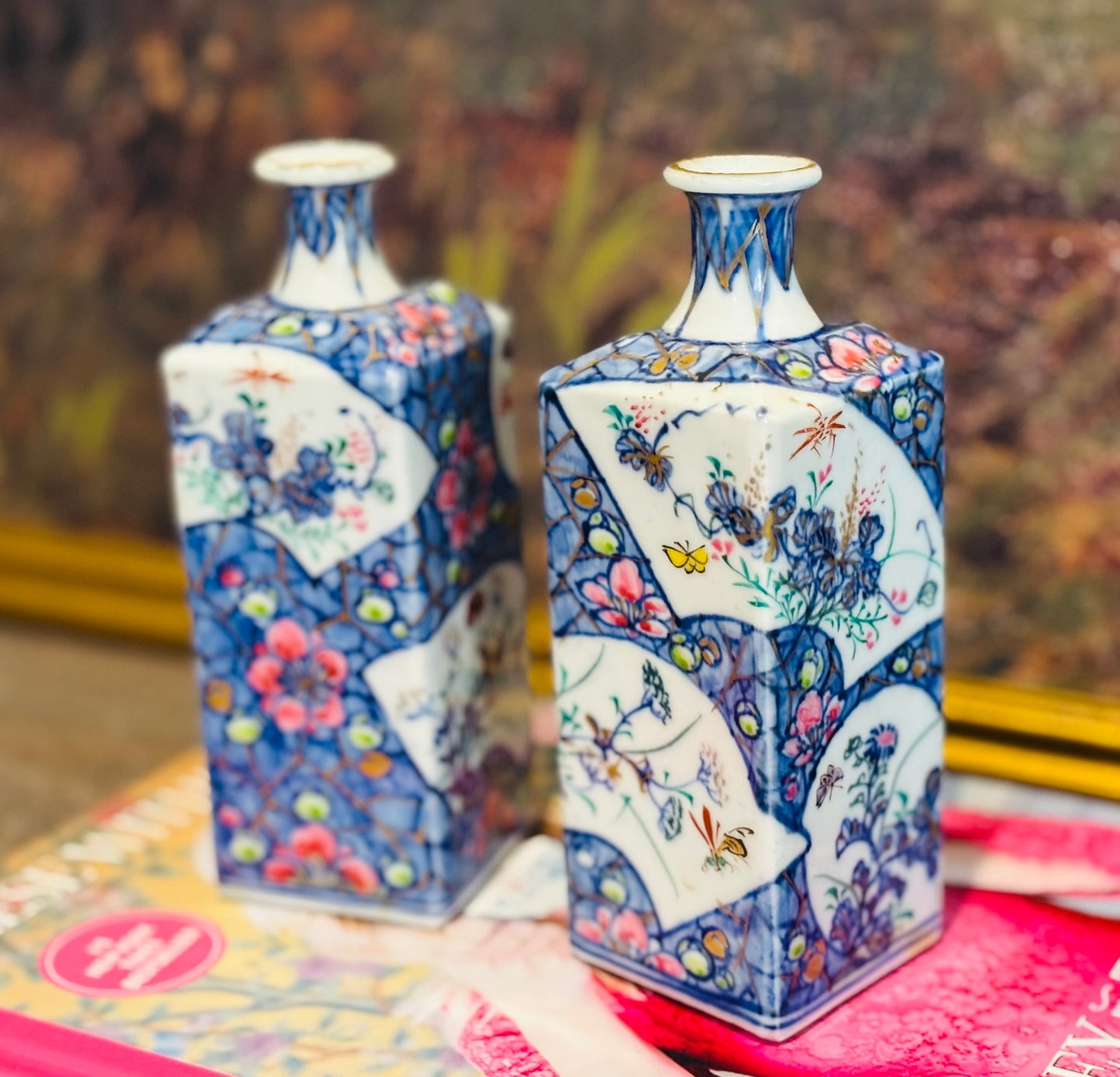 Stamped Famille Rose Imari Blue Saki Bottle 6 x 2- each