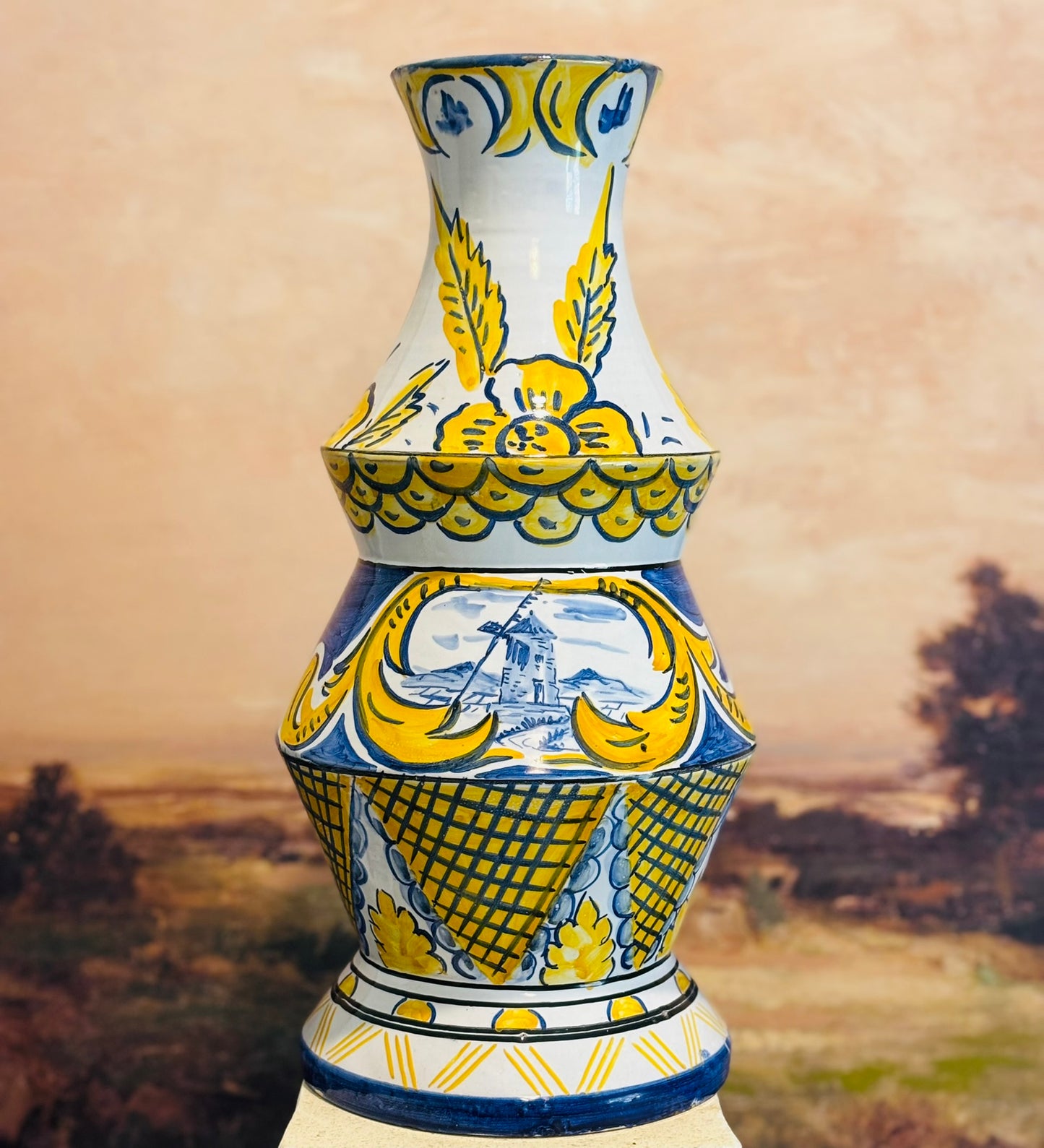 Blue and yellow hand painted vase Portugal 15 x 7