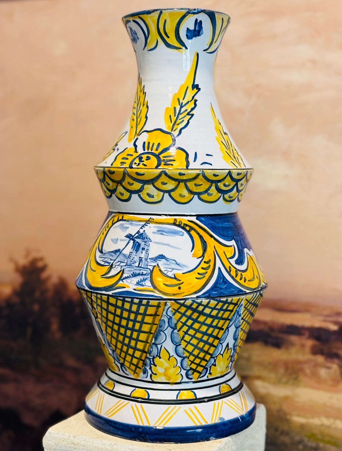 Blue and yellow hand painted vase Portugal 15 x 7