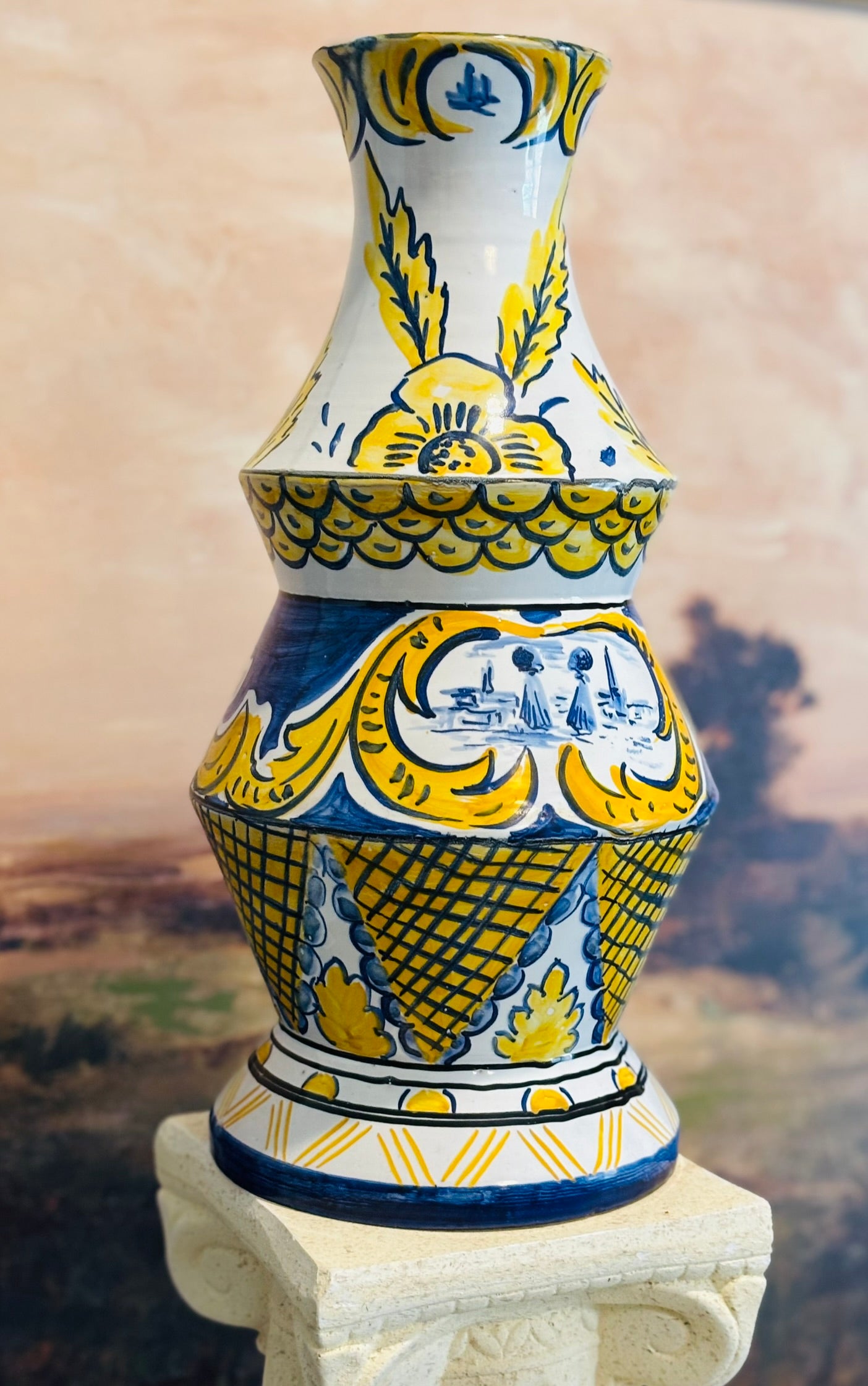 Blue and yellow hand painted vase Portugal 15 x 7