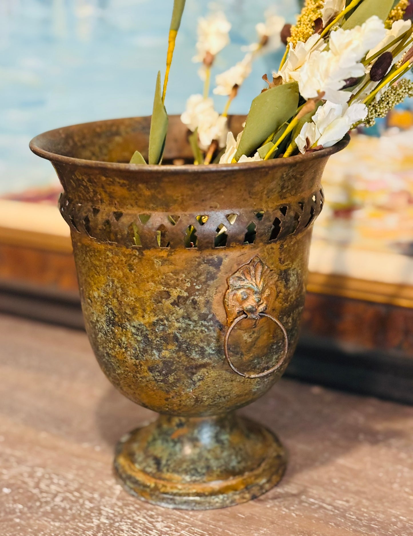 Pair of Patina Metal Lion Urns 6.25 w x 7.5 h each