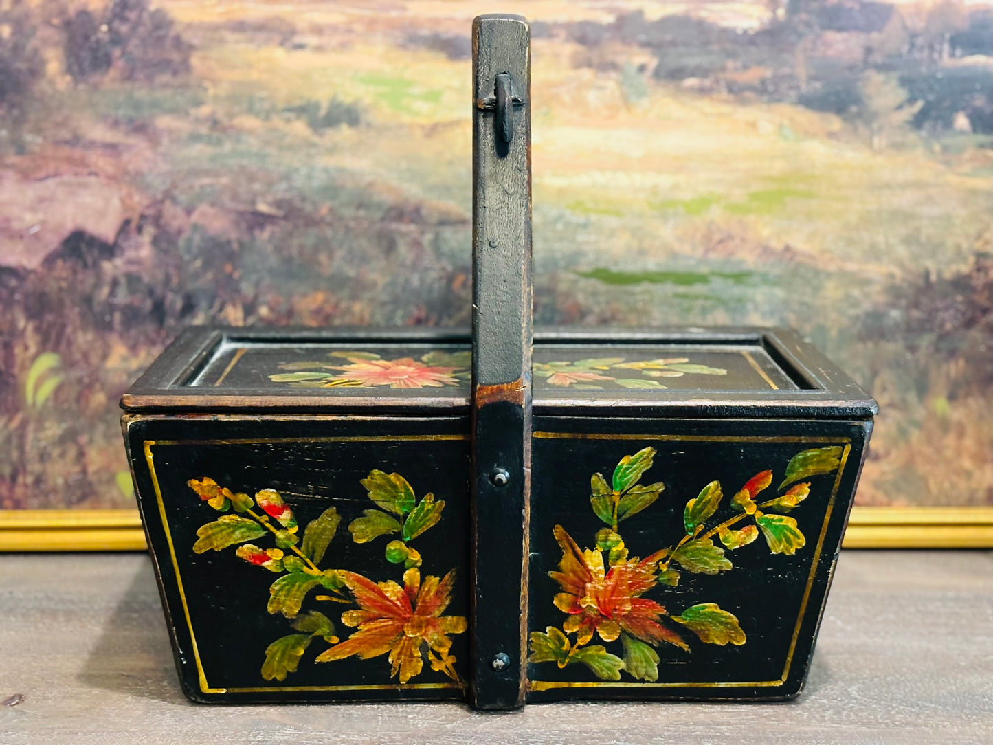 Antique 1800s Hand Painted Chinese Rice Basket 15.5 l x 8 w x 7.25 h (15 2 handle)