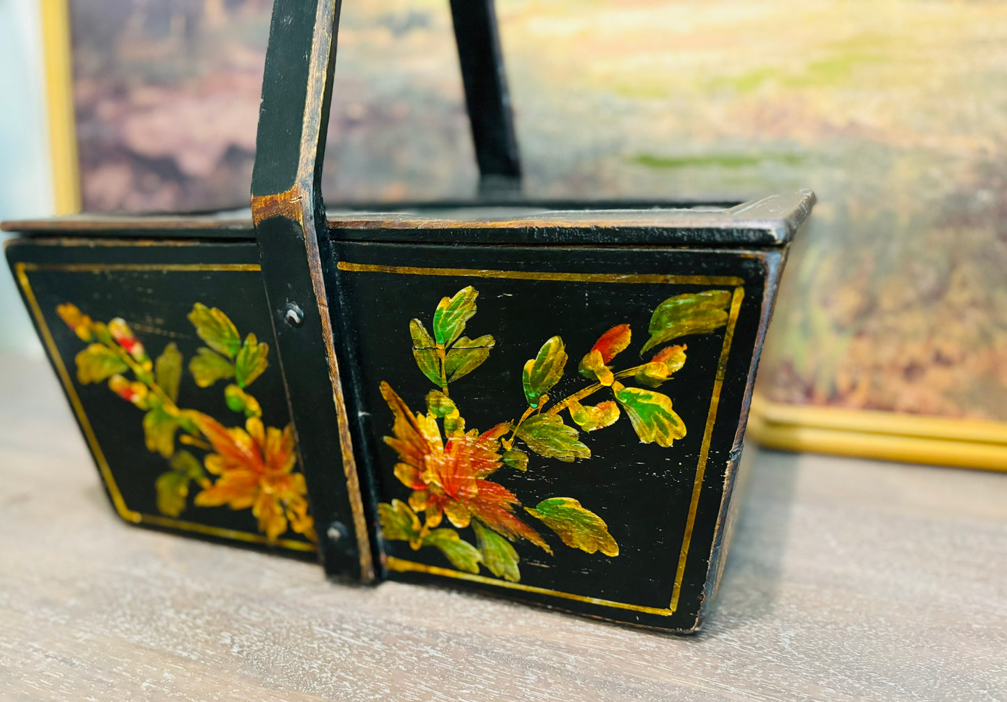 Antique 1800s Hand Painted Chinese Rice Basket 15.5 l x 8 w x 7.25 h (15 2 handle)