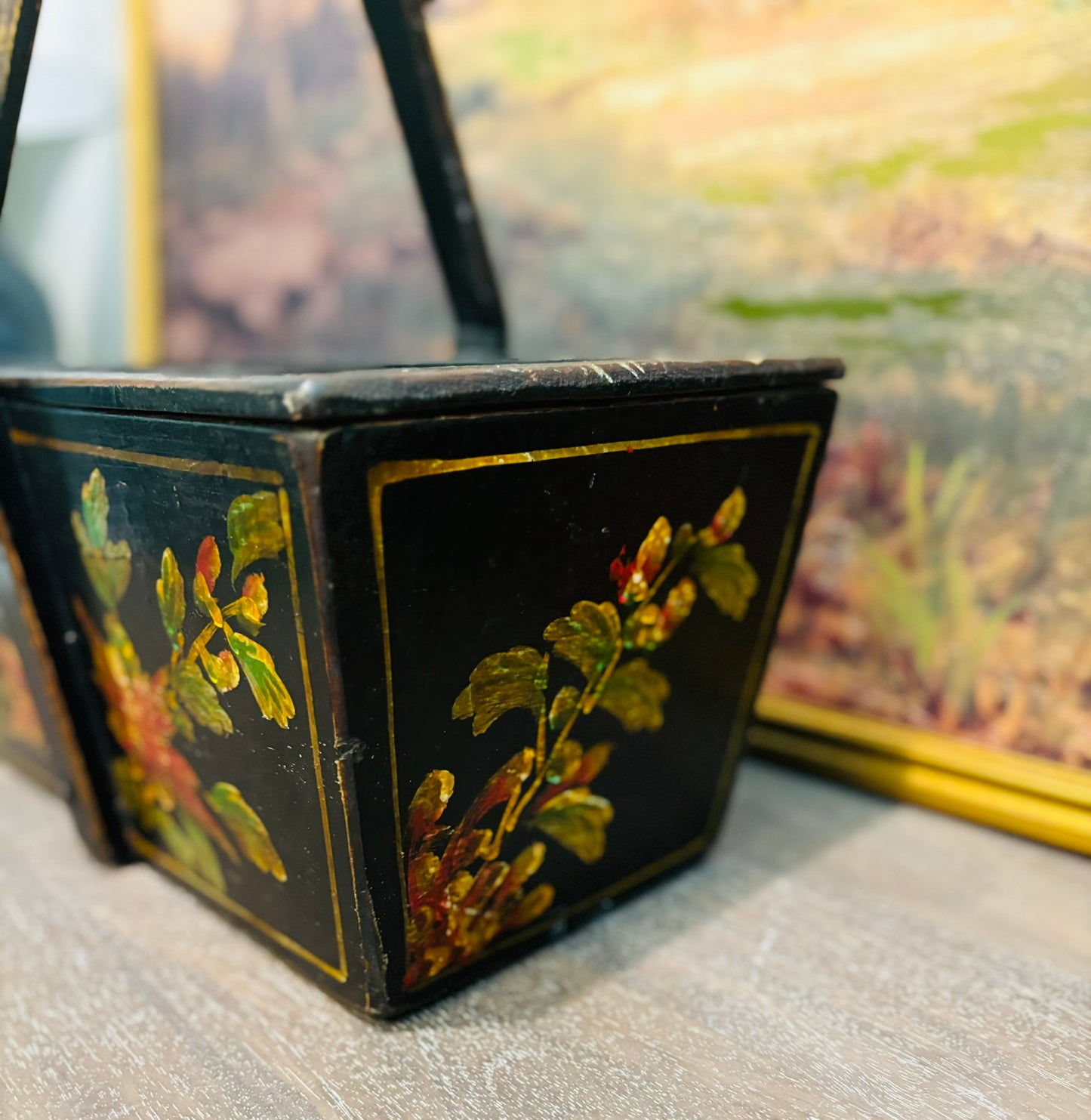 Antique 1800s Hand Painted Chinese Rice Basket 15.5 l x 8 w x 7.25 h (15 2 handle)
