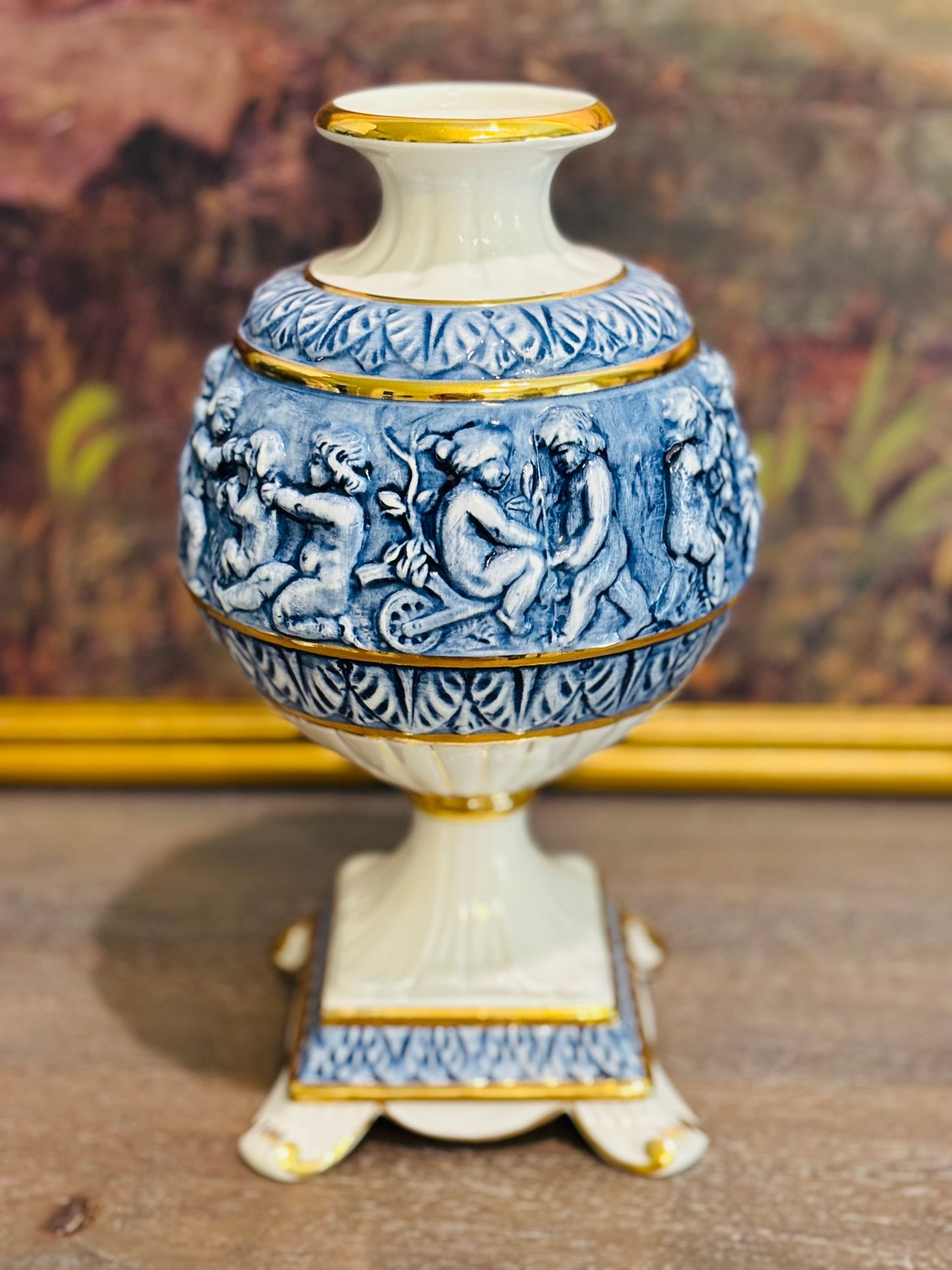 Blue, white and gold cherub capidomote vase Paul's 285/502 Italy 10 h x 6 w