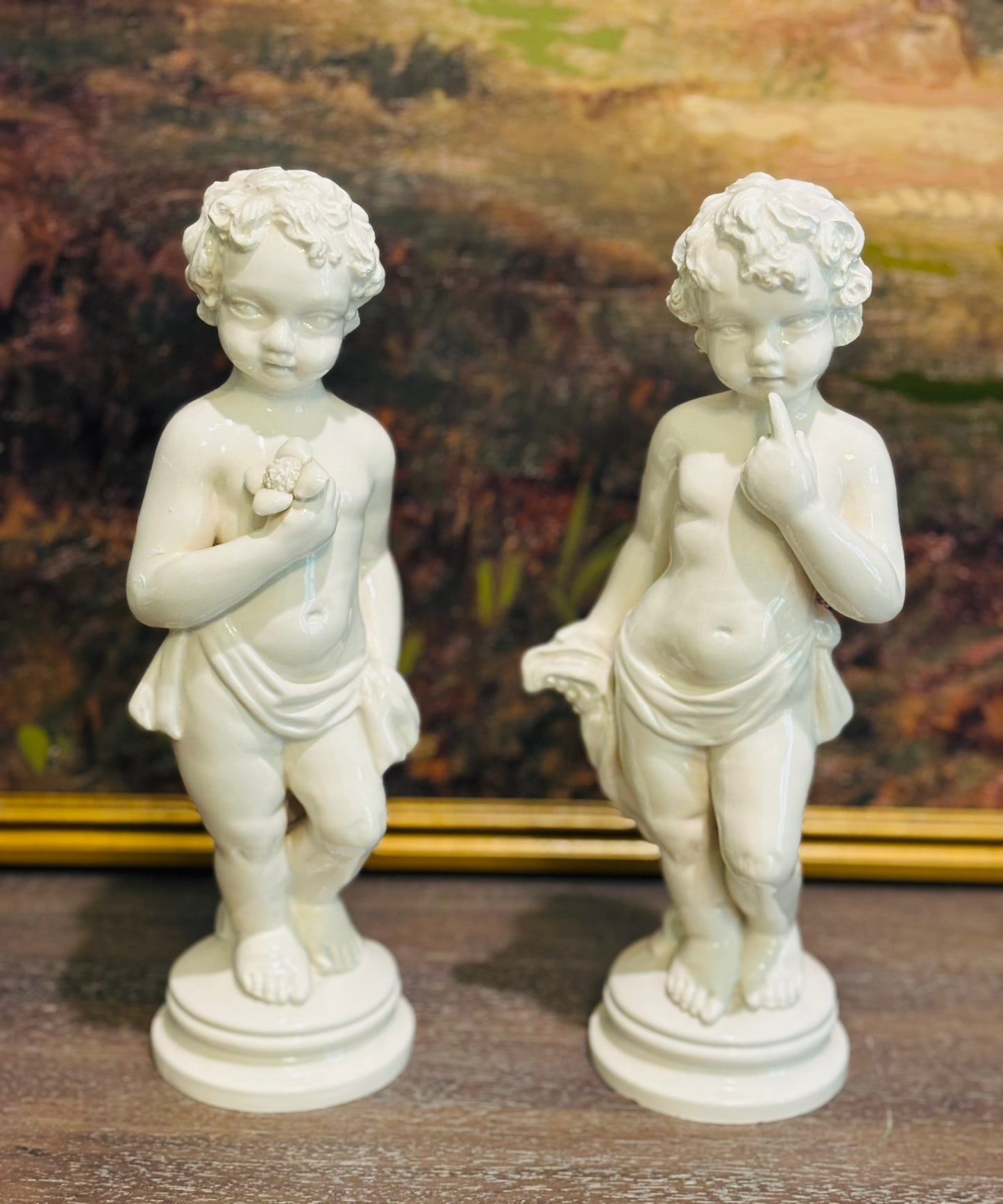 2 Italian Antique Capodimote Statue Putto Angels  36/132 Italy 11.5 high