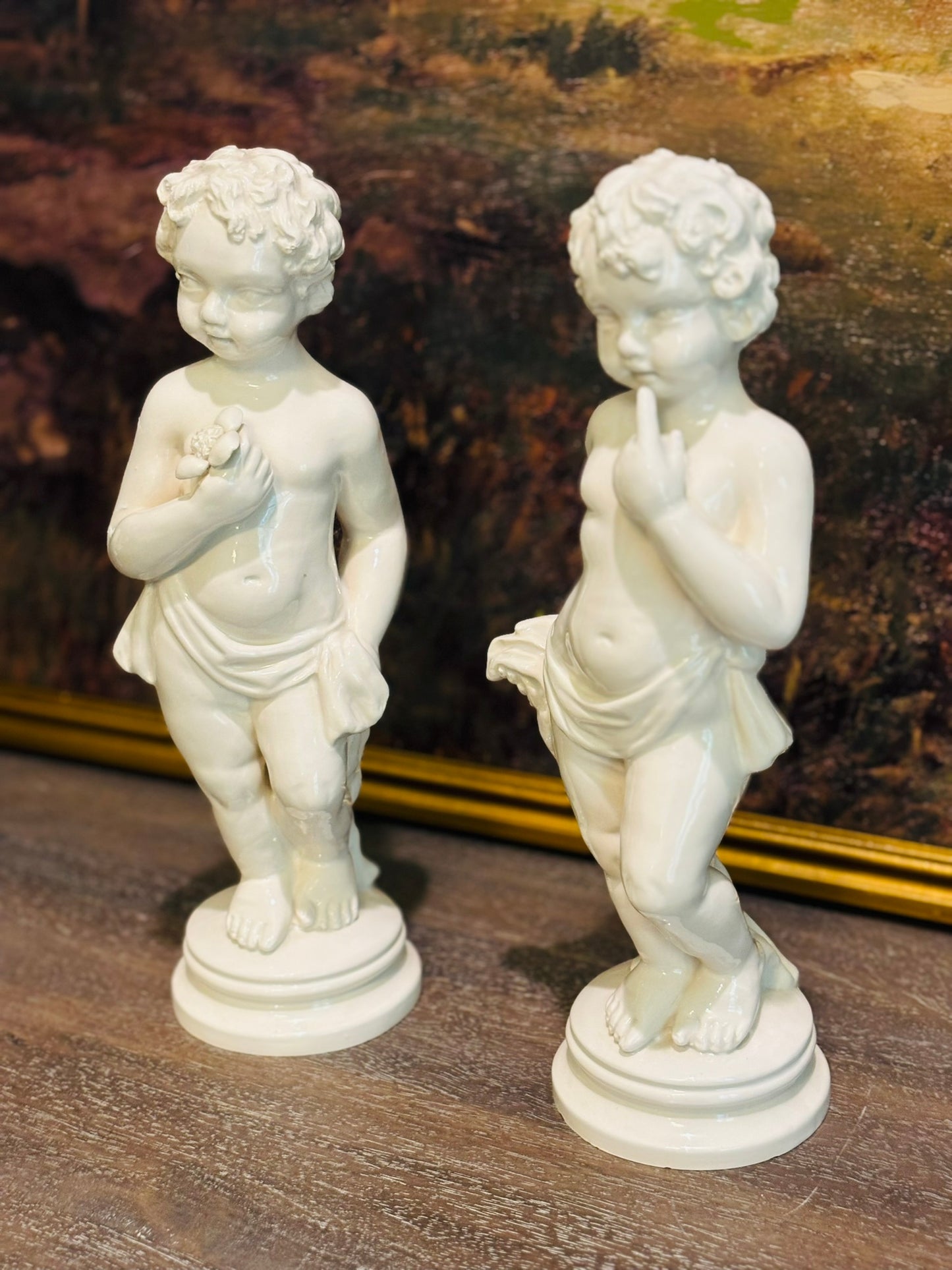 2 Italian Antique Capodimote Statue Putto Angels  36/132 Italy 11.5 high