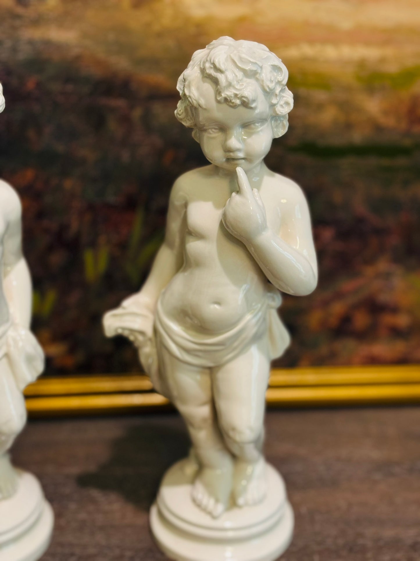 2 Italian Antique Capodimote Statue Putto Angels  36/132 Italy 11.5 high