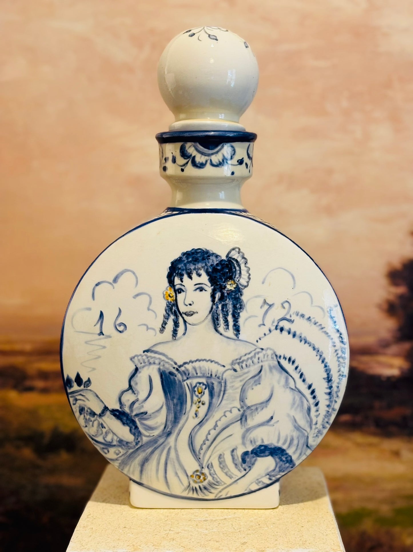 Delft blue large hand painted decanter 12 h x 7 w x 2.5 d