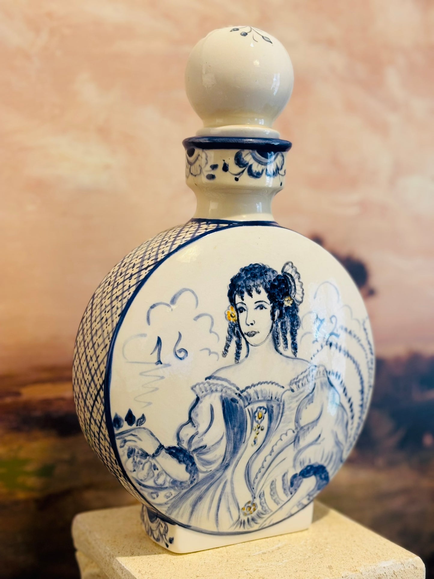 Delft blue large hand painted decanter 12 h x 7 w x 2.5 d
