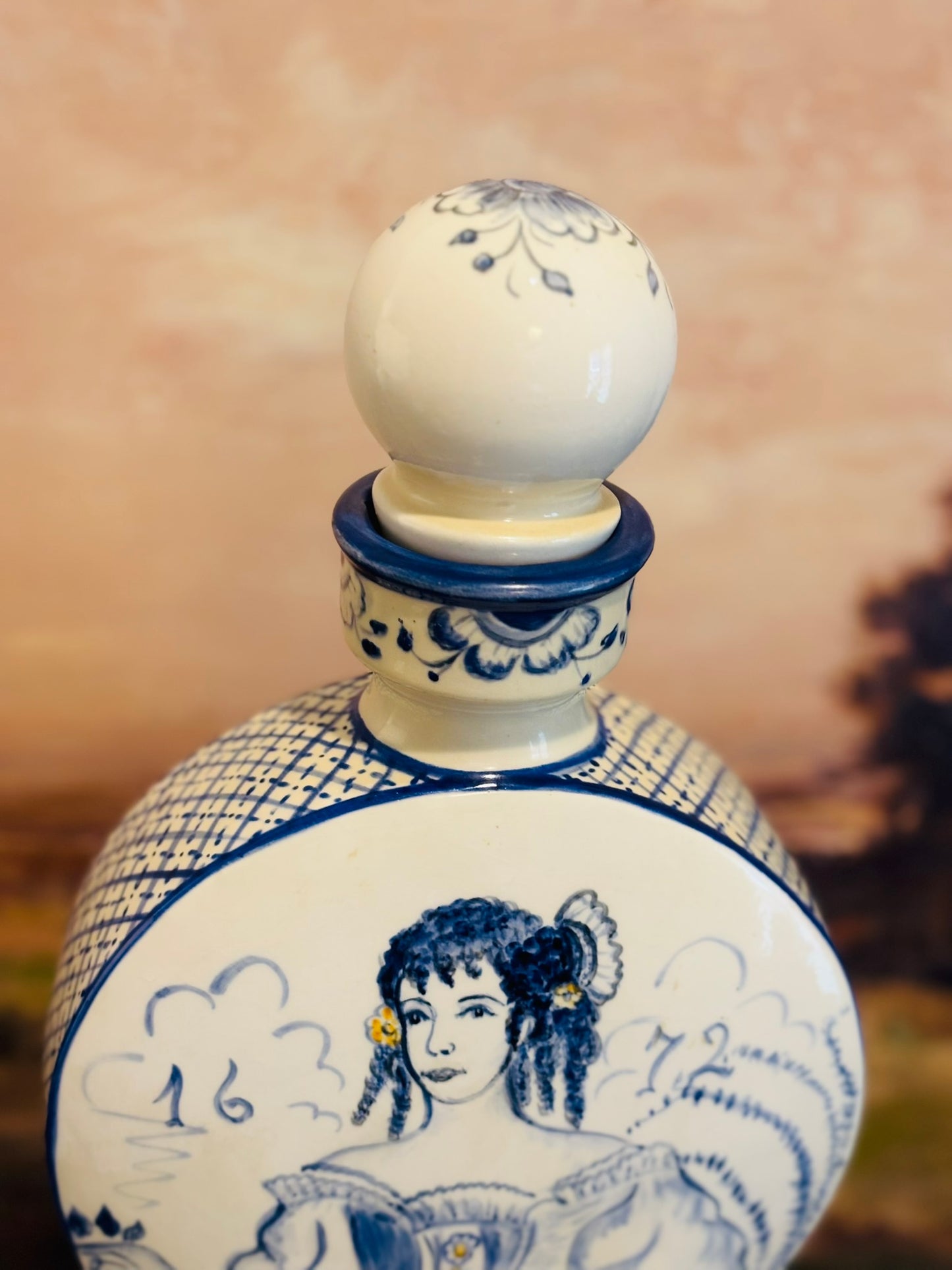 Delft blue large hand painted decanter 12 h x 7 w x 2.5 d