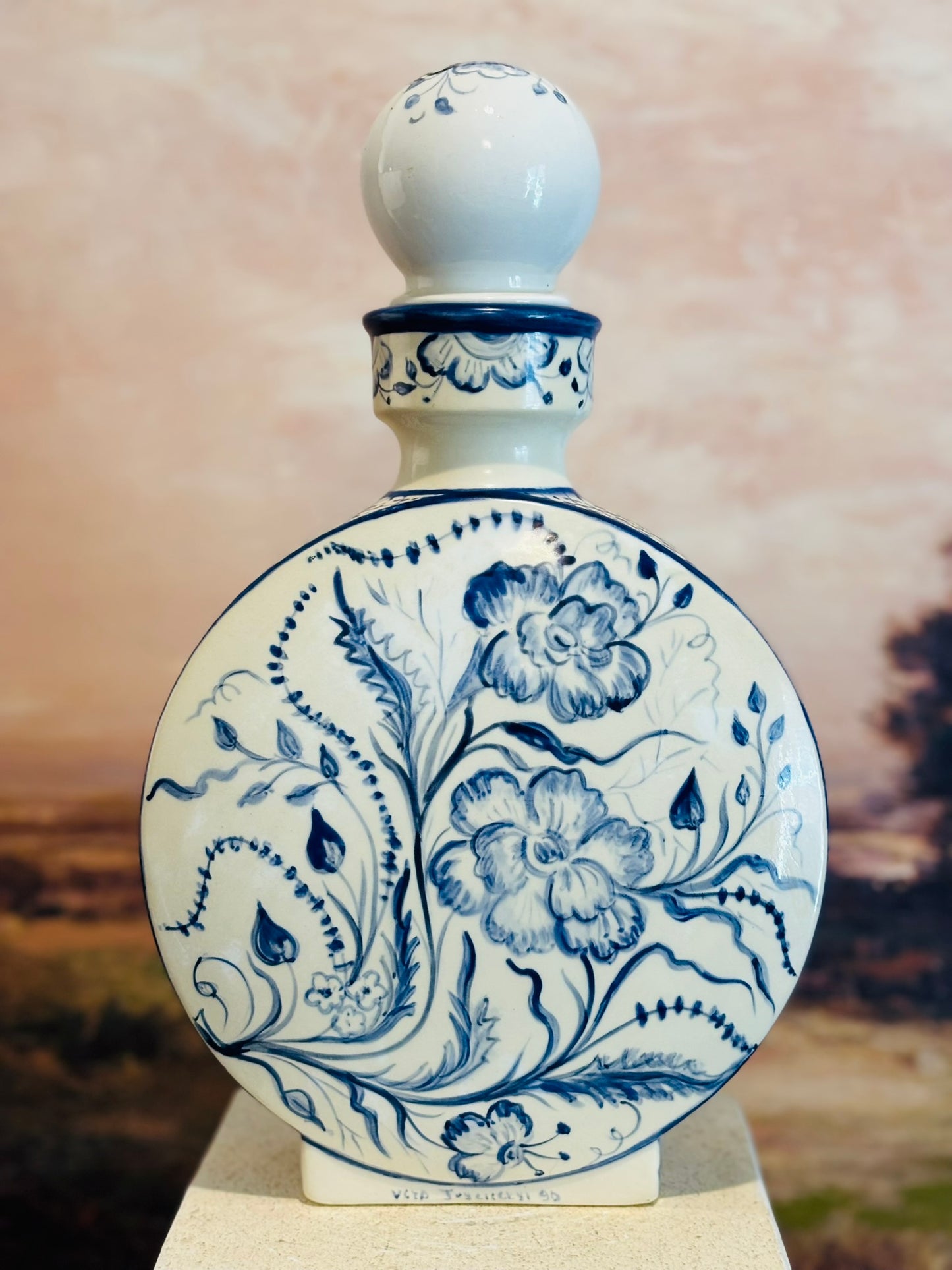 Delft blue large hand painted decanter 12 h x 7 w x 2.5 d