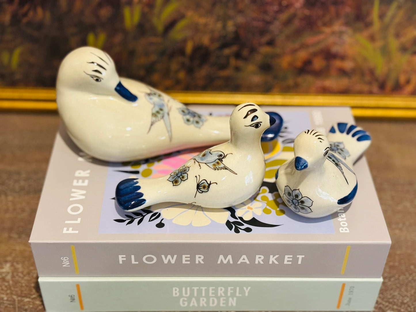 Mexican Tonala Hand Painted Trio of Blue and White Birds