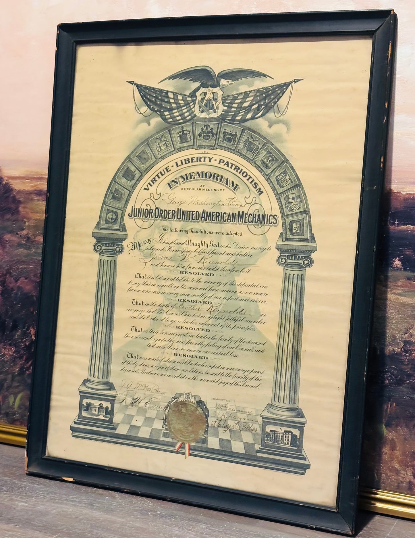 Framed "Mechanics" Masonic Print  17.5 w 23.5 l .75 h