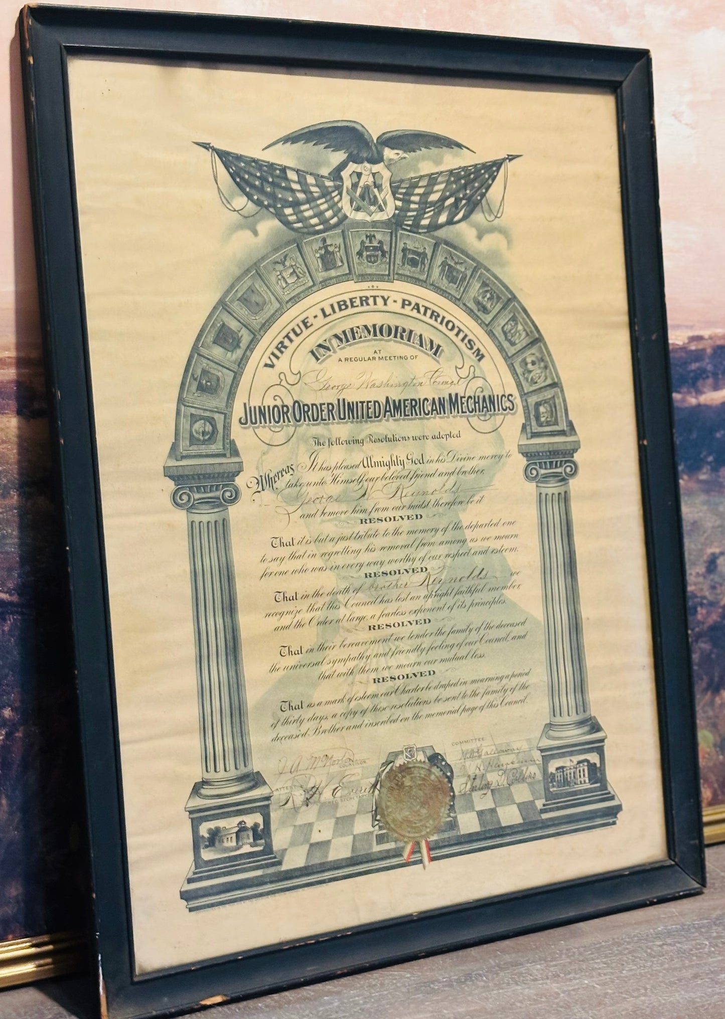 Framed "Mechanics" Masonic Print  17.5 w 23.5 l .75 h