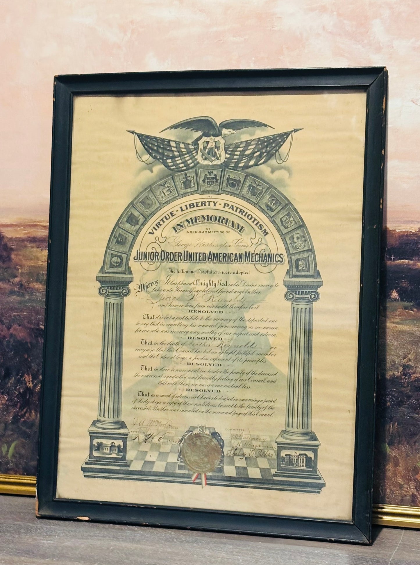 Framed "Mechanics" Masonic Print  17.5 w 23.5 l .75 h