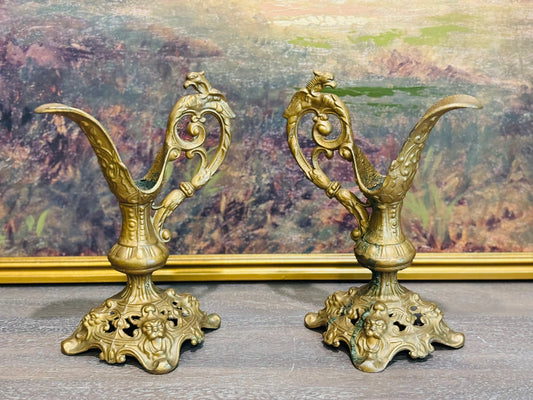 Pair of Renaissance Antique Mantel Ewers (brass) 9 h x 6.75 w