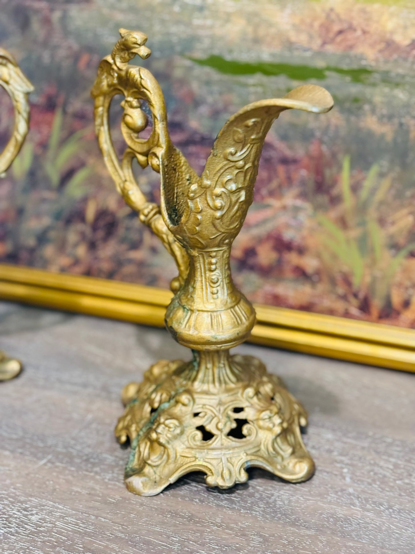 Pair of Renaissance Antique Mantel Ewers (brass) 9 h x 6.75 w