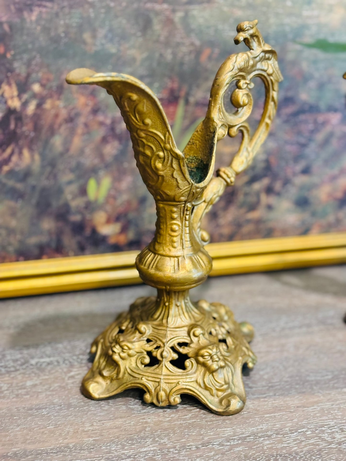 Pair of Renaissance Antique Mantel Ewers (brass) 9 h x 6.75 w