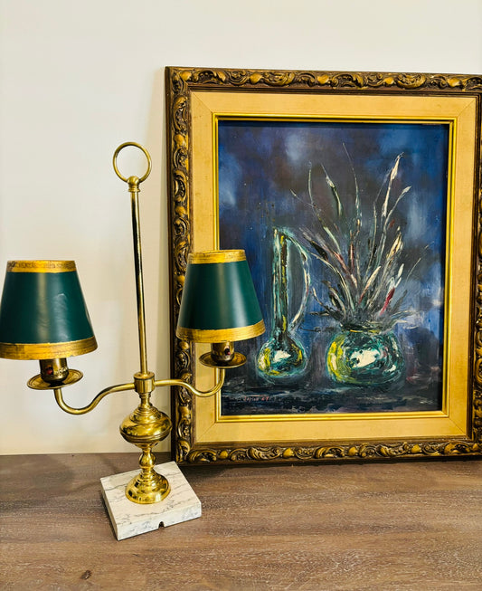 Pair of Brass lamps with marble base and green and gold shades 2 arm 20.5 h x 11.5 w