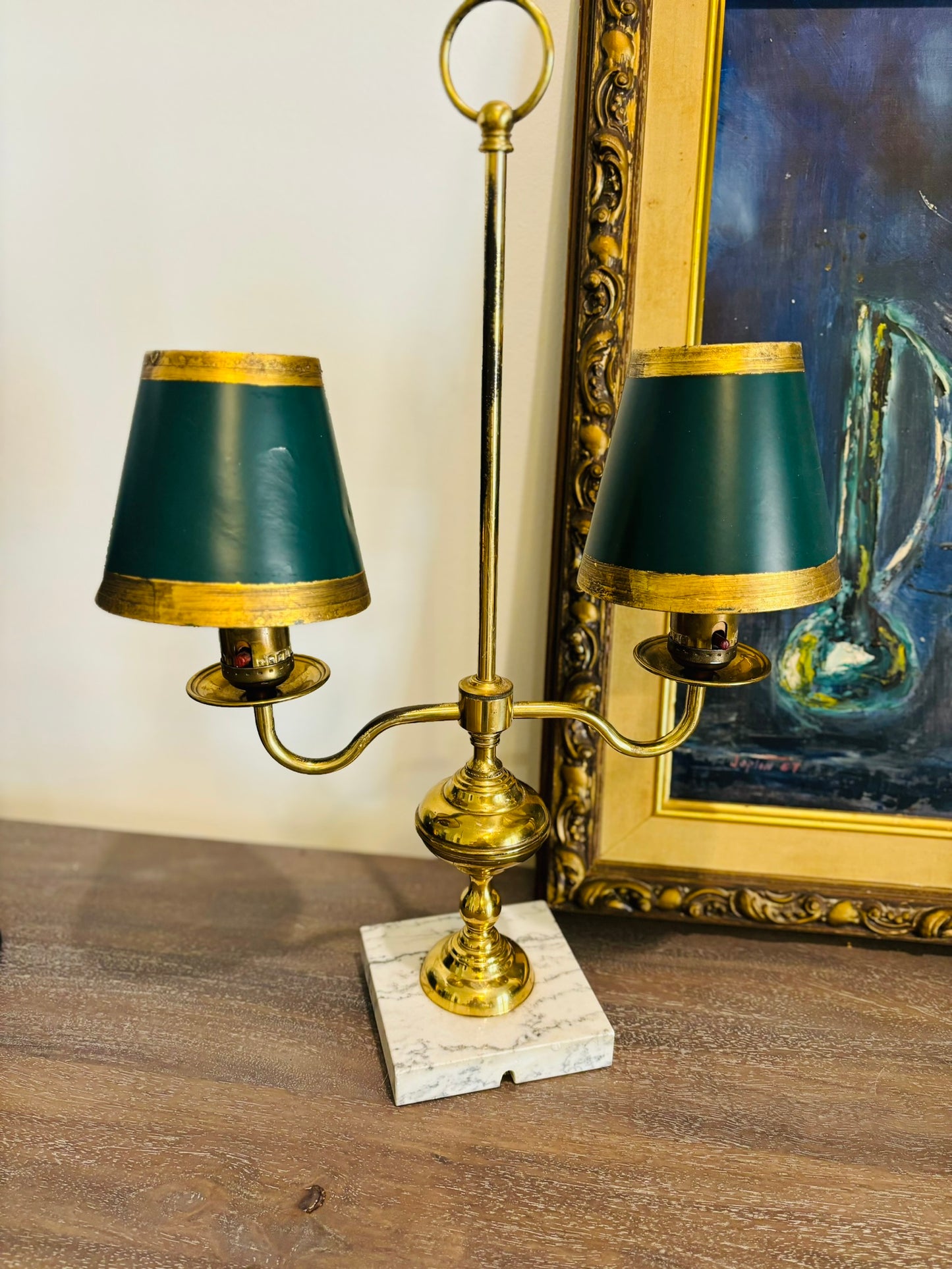 Pair of Brass lamps with marble base and green and gold shades 2 arm 20.5 h x 11.5 w