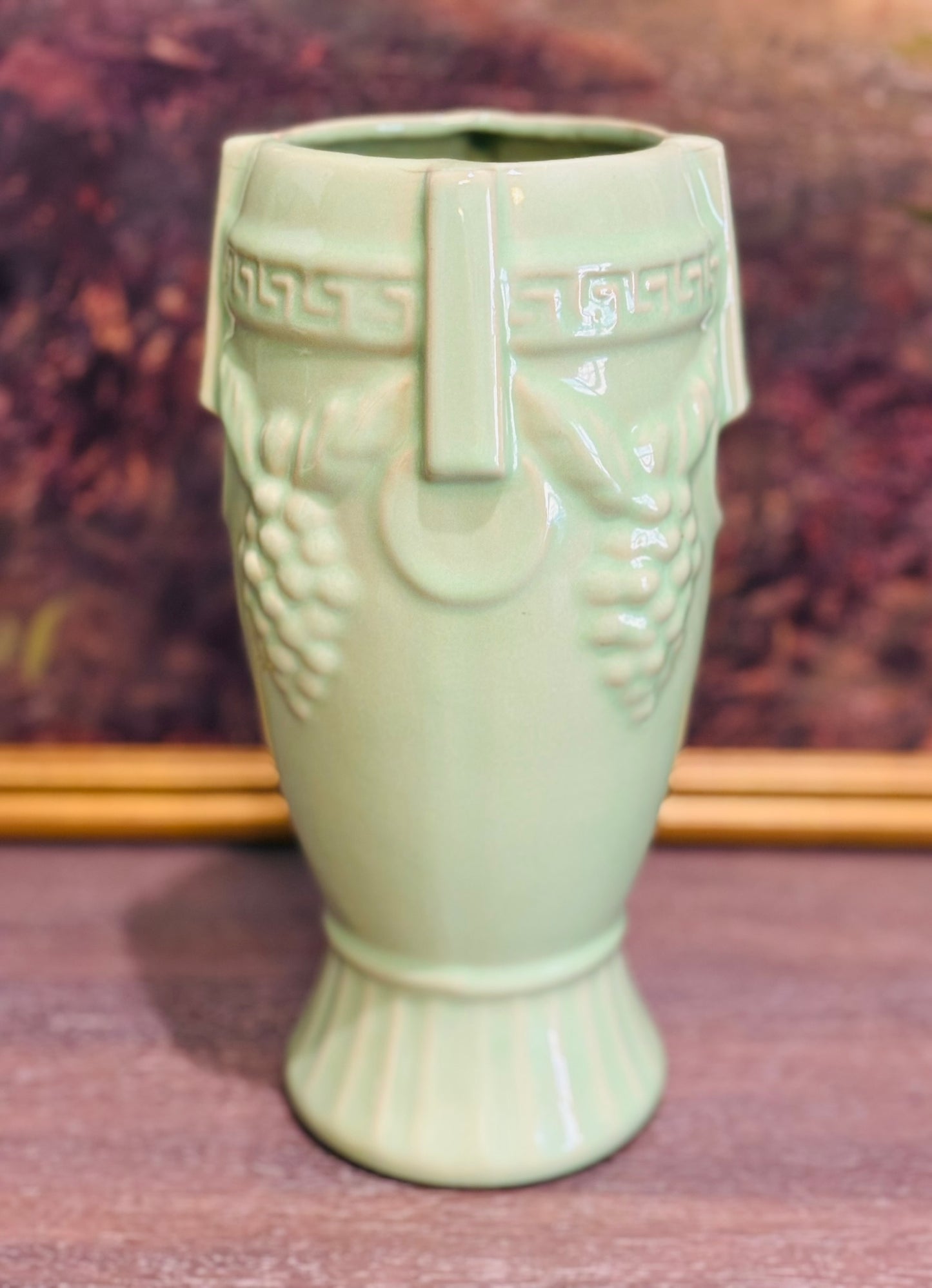 Vintage Chartreuse Green Greek Key & Grape Motif vase 10 h 5 w