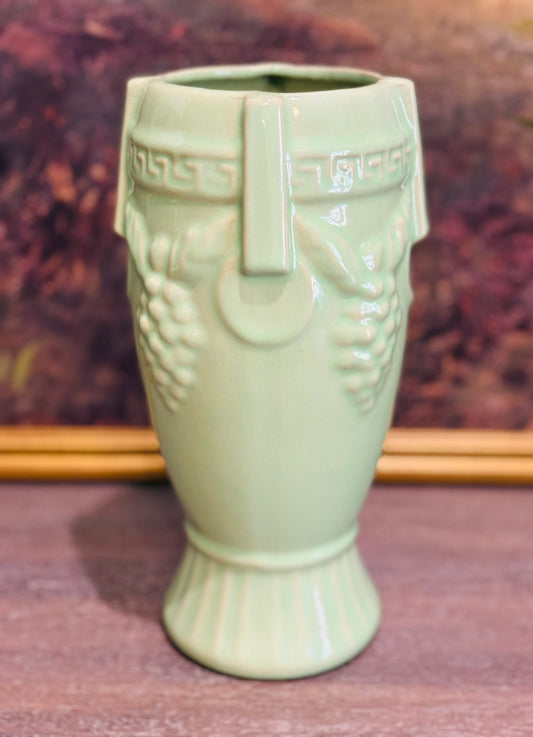 Vintage Chartreuse Green Greek Key & Grape Motif vase 10 h 5 w